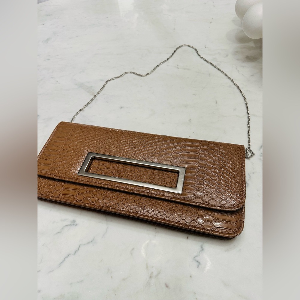Brown Crocodile-Embossed Clutch